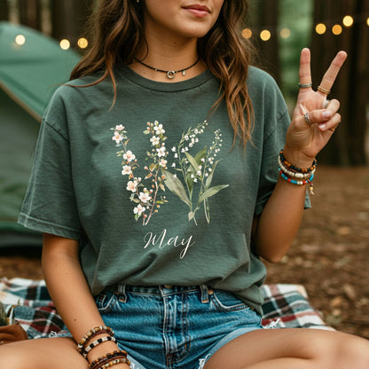 May Birth Month T‑Shirt — Lily of the Valley & Hawthorn