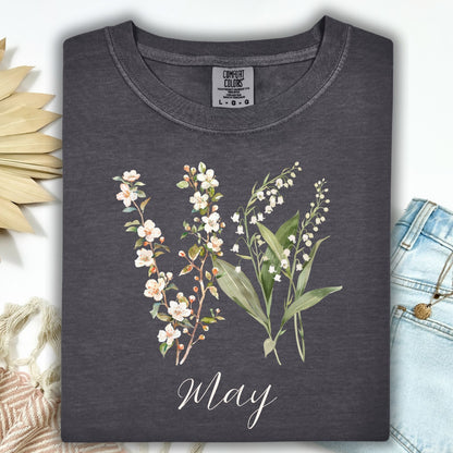 May Birth Month T‑Shirt — Lily of the Valley & Hawthorn