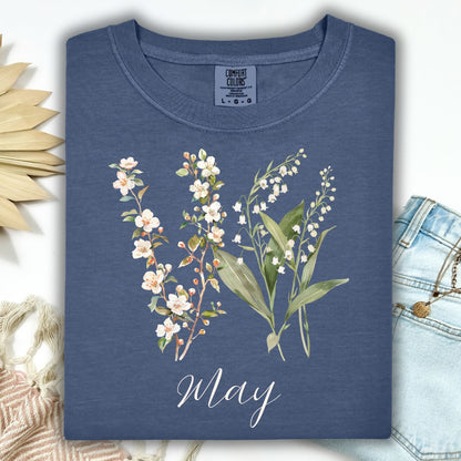 May Birth Month T‑Shirt — Lily of the Valley & Hawthorn