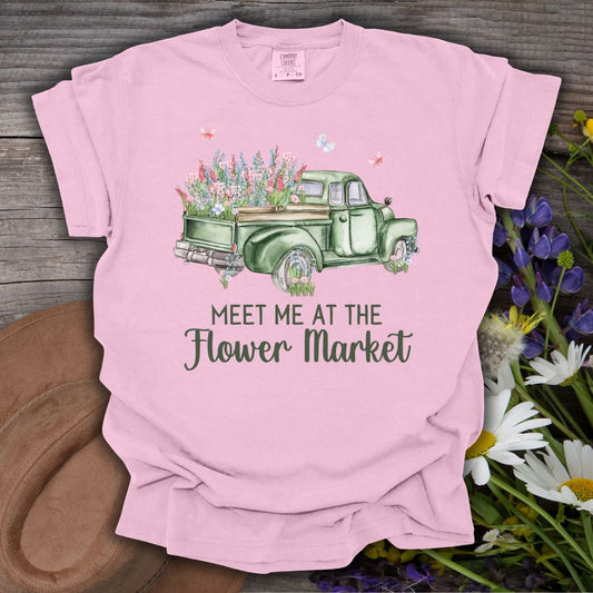 Blossom pink cotton t-shirt with a watercolor vintage green pickup truck overflowing with pink and purple blooms.