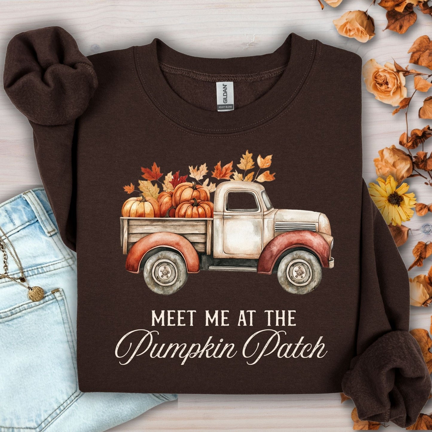 Dark Chocolate S sweatshirt with vintage truck, pumpkins, and "Meet Me at the Pumpkin Patch" text.