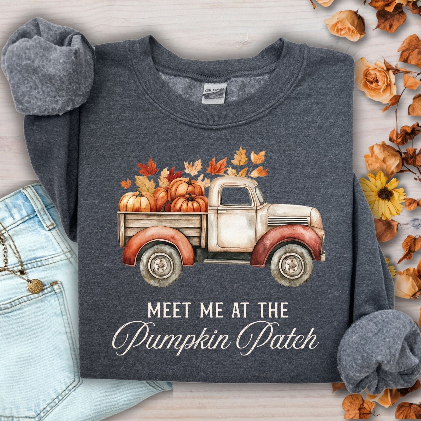 Dark Heather "Meet Me at the Pumpkin Patch" sweatshirt with vintage truck, pumpkins, and autumn leaves.