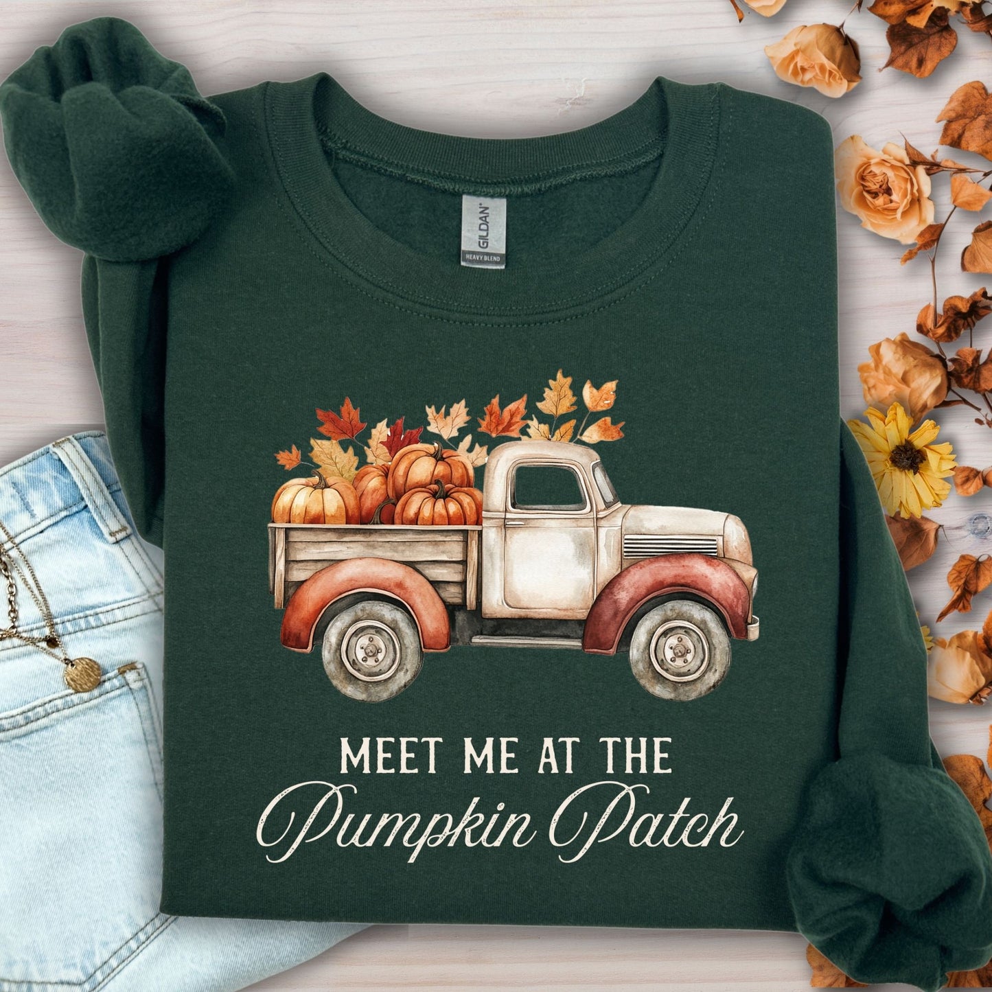 Forest Green "Meet Me at the Pumpkin Patch" sweatshirt with vintage truck, pumpkins, and autumn leaves.