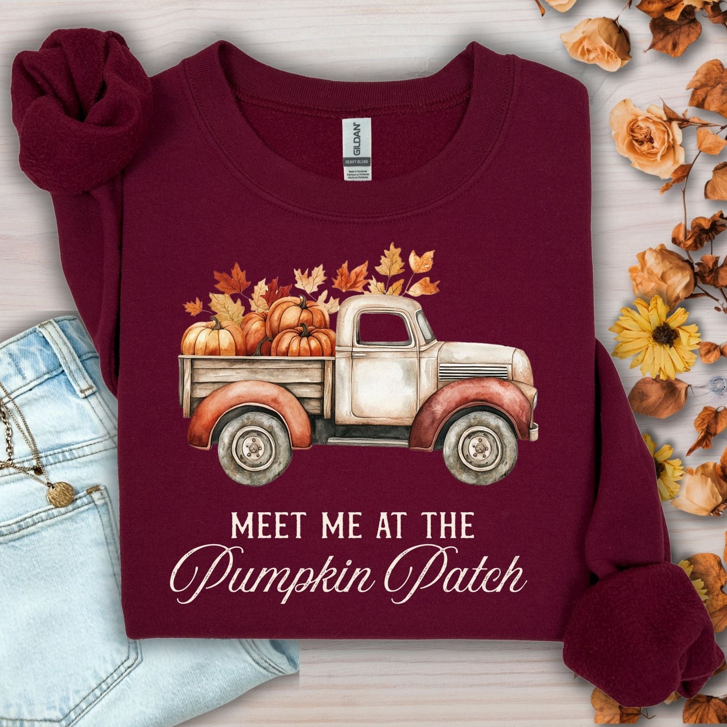 Maroon Gildan sweatshirt with a vintage truck, pumpkins, and "Meet Me at the Pumpkin Patch" text.