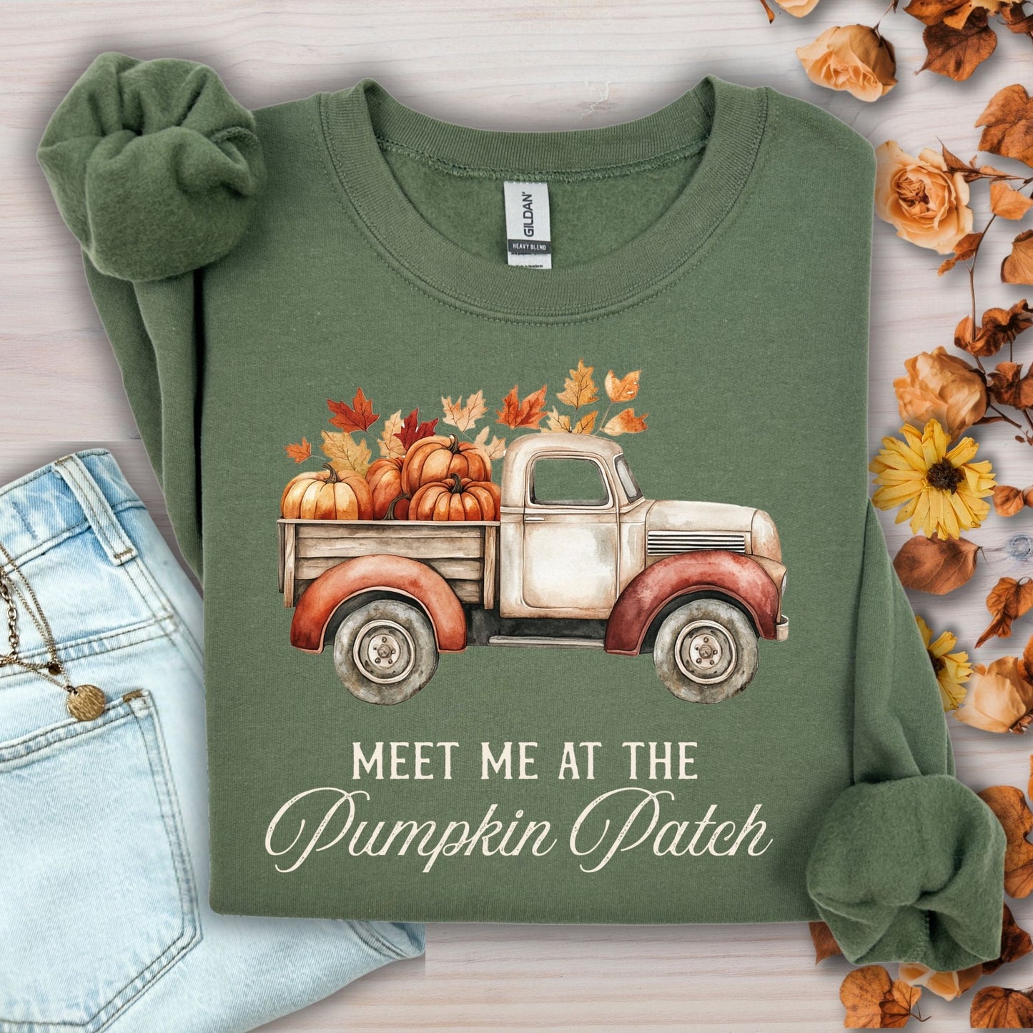 Military Green Gildan sweatshirt with vintage truck, pumpkins, autumn leaves, and "Meet Me at the Pumpkin Patch" text.