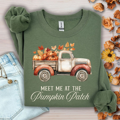 Military Green Gildan sweatshirt with vintage truck, pumpkins, autumn leaves, and "Meet Me at the Pumpkin Patch" text.