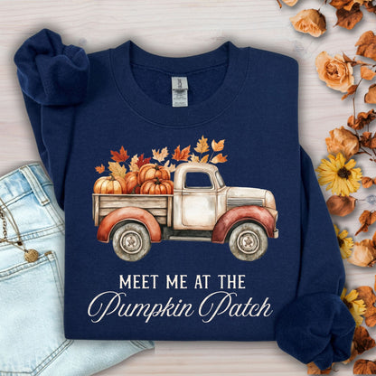 Navy "Meet Me at the Pumpkin Patch" sweatshirt with vintage truck, pumpkins, and autumn florals.