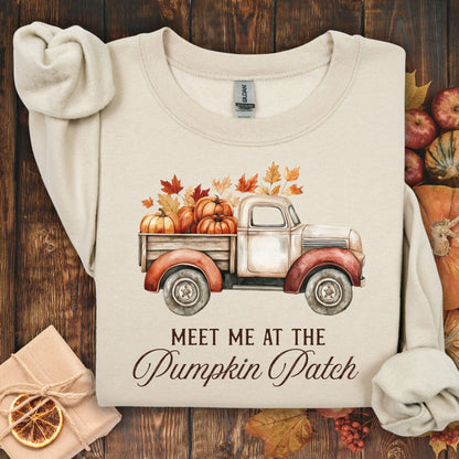 Sand Gildan sweatshirt with a vintage truck, pumpkins, and "Meet Me at the Pumpkin Patch" text.