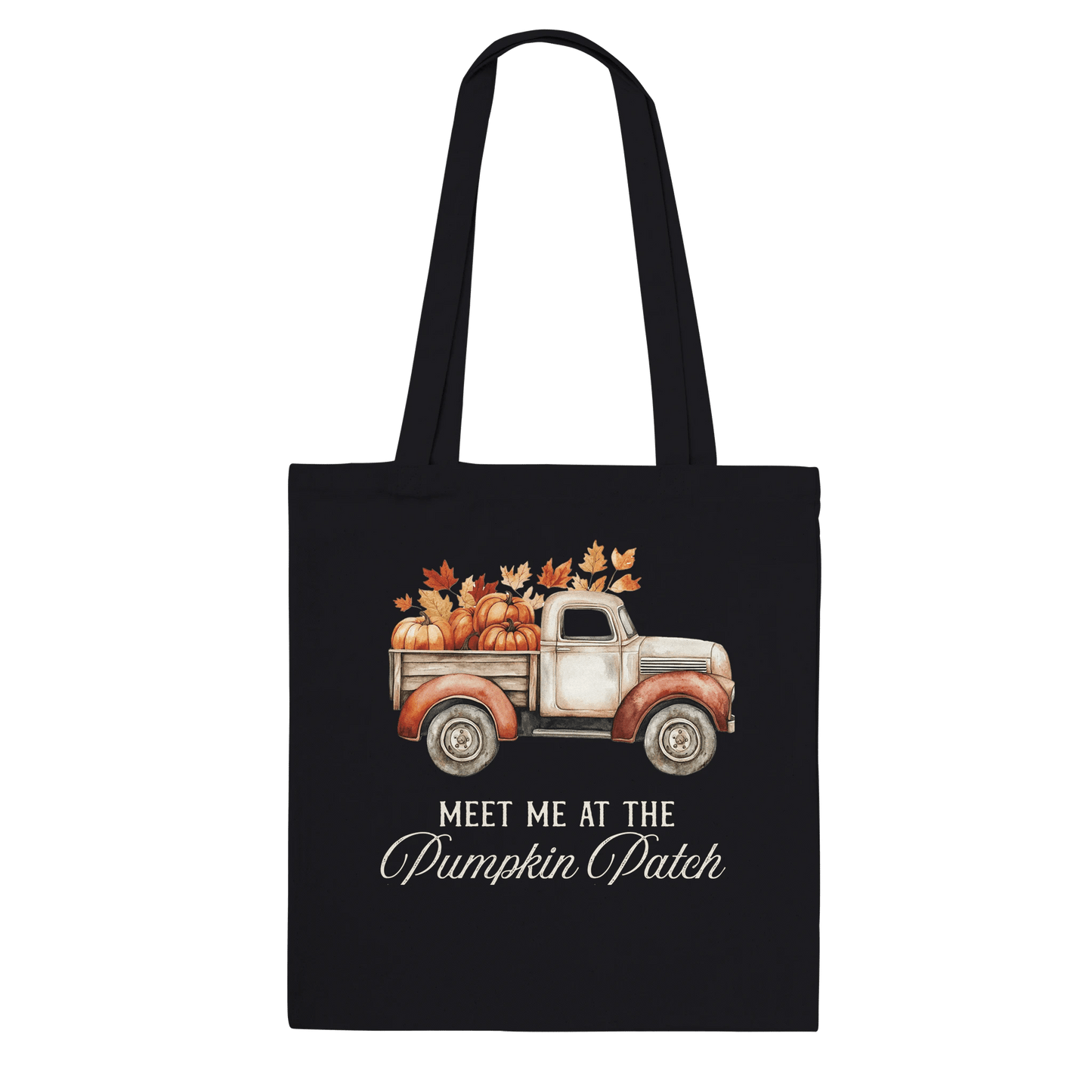 Black tote bag with vintage beige pickup truck, pumpkins, fall leaves, and "Meet Me at the Pumpkin Patch" text.