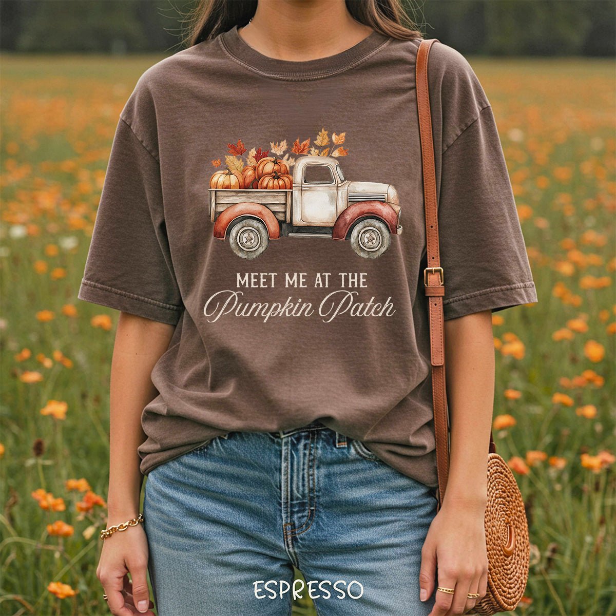 Espresso brown relaxed-fit cotton t-shirt featuring a watercolor vintage truck graphic filled with autumn pumpkins.