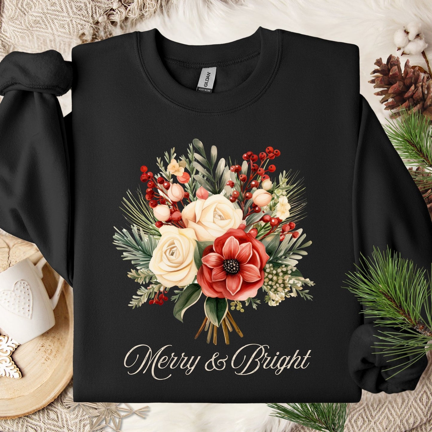 Black Gildan sweatshirt, size S, with vintage poinsettia and rose bouquet, "Merry & Bright" text.