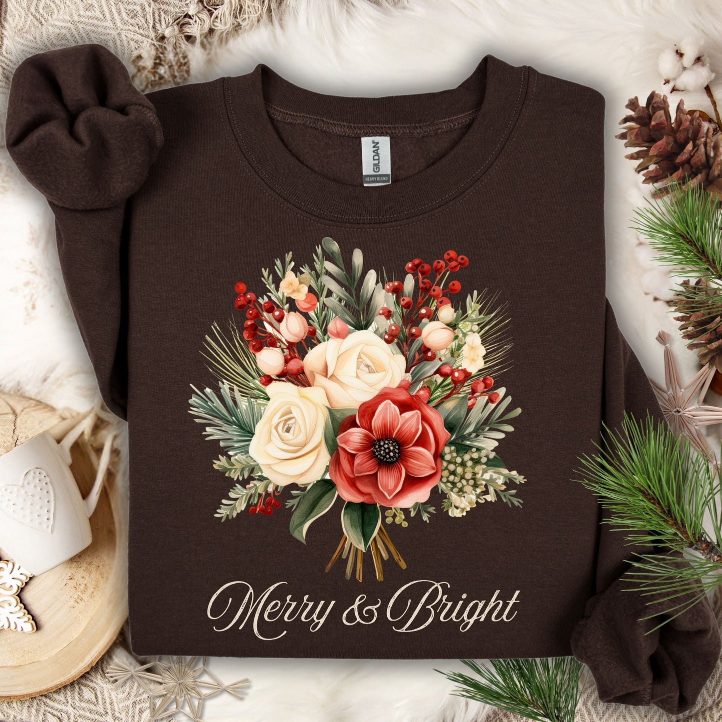 Dark Chocolate Gildan sweatshirt with a vintage poinsettia and white rose bouquet, "Merry & Bright" text.