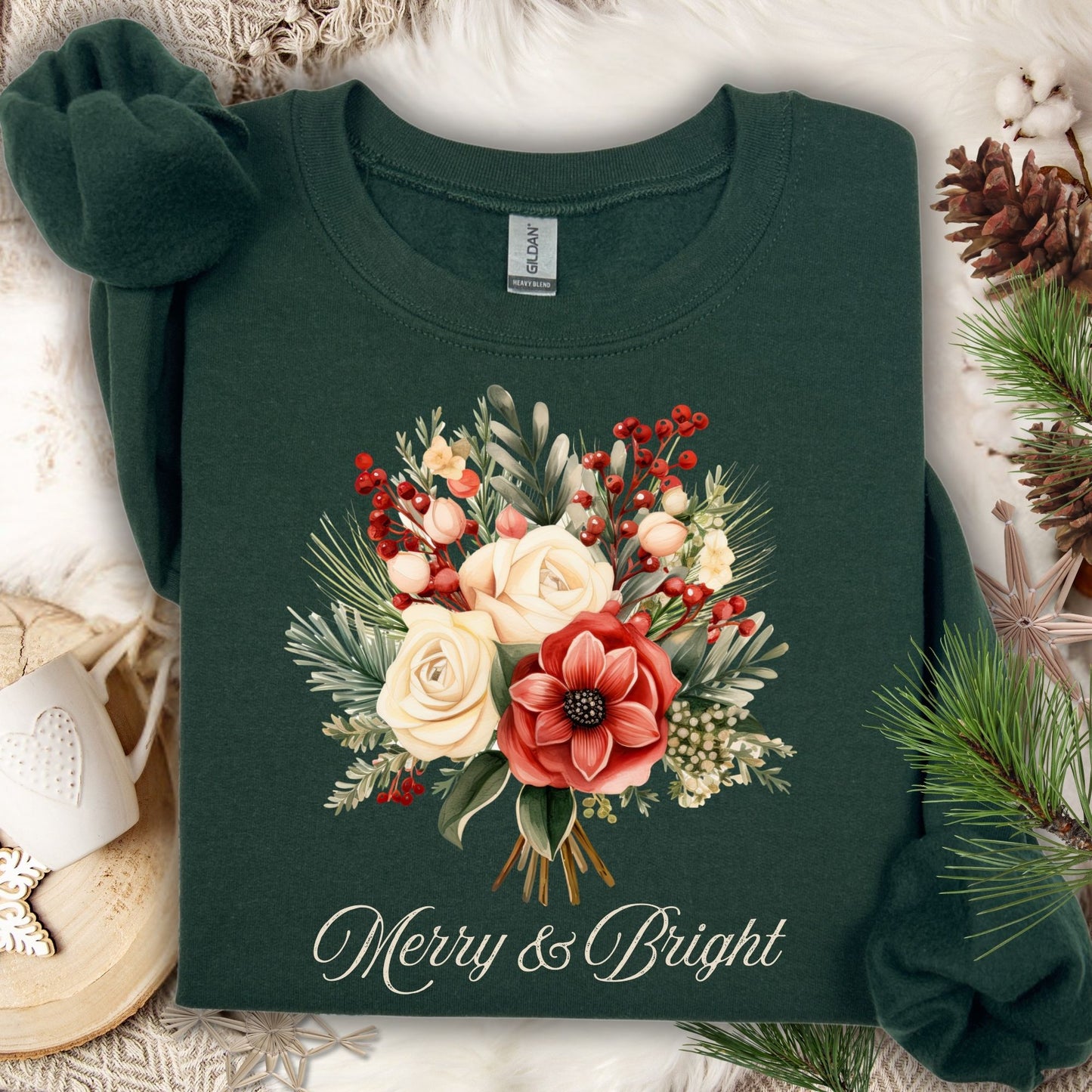 Forest Green Gildan sweatshirt with a vintage poinsettia, white rose, and holiday foliage bouquet, plus "Merry & Bright" text.