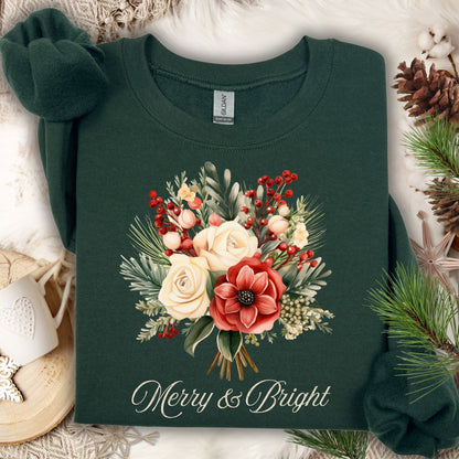 Forest Green Gildan sweatshirt with a vintage poinsettia, white rose, and holiday foliage bouquet, plus "Merry & Bright" text.