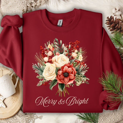 Garnet Gildan sweatshirt with vintage poinsettia, white rose bouquet, and "Merry & Bright" text.