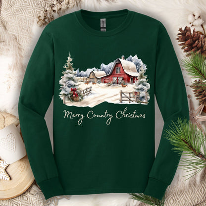 Forest Green long sleeve tee with a snowy red barn, pine trees, and "Merry Country Christmas" text.
