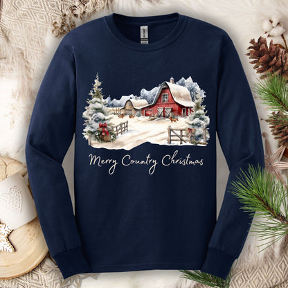 Navy long sleeve tee with a snowy red barn, festive greenery, and "Merry Country Christmas" text.