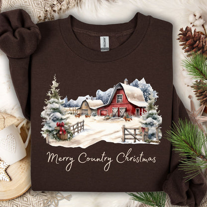 Dark Chocolate Gildan sweatshirt with a watercolor country Christmas barn scene and "Merry Country Christmas" text.
