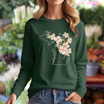 Michigan State Flower Long Sleeve Tee - Apple Blossom