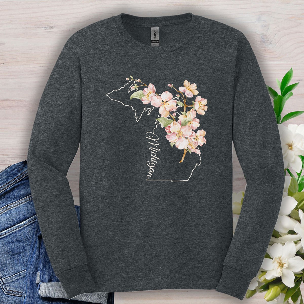 Michigan State Flower Long Sleeve Tee - Apple Blossom