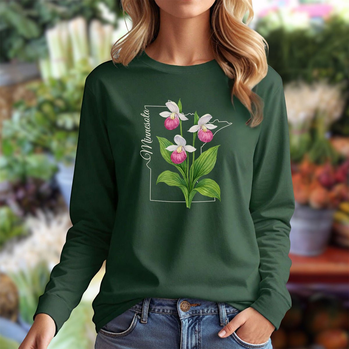 Minnesota State Flower Long Sleeve Tee - Pink Lady Slipper
