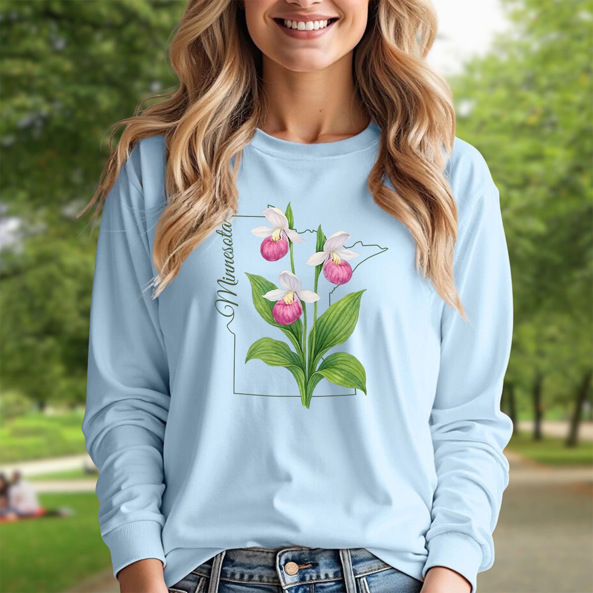 Minnesota State Flower Long Sleeve Tee - Pink Lady Slipper