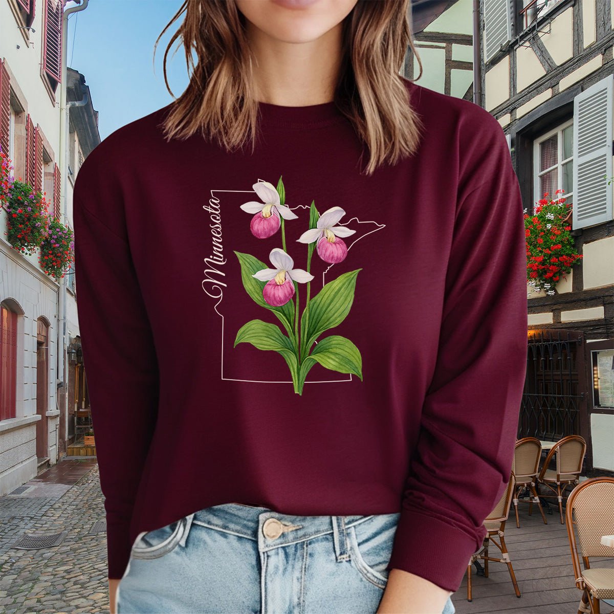 Minnesota State Flower Long Sleeve Tee - Pink Lady Slipper