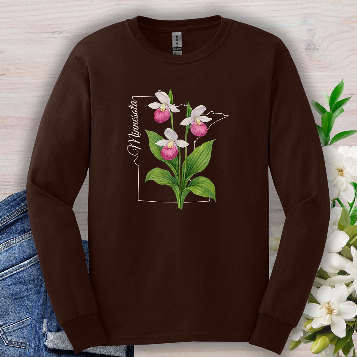 Minnesota State Flower Long Sleeve Tee - Pink Lady Slipper