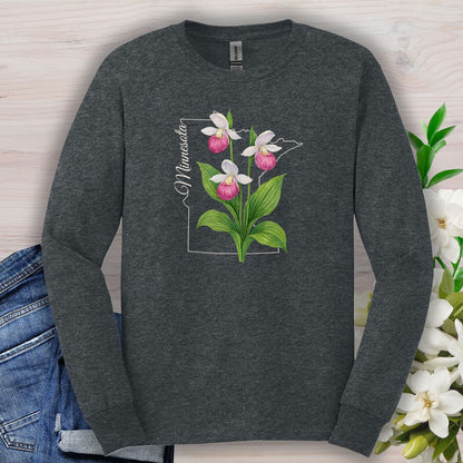 Minnesota State Flower Long Sleeve Tee - Pink Lady Slipper