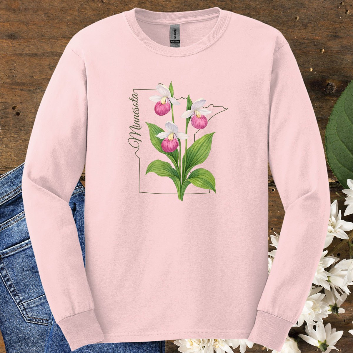 Minnesota State Flower Long Sleeve Tee - Pink Lady Slipper