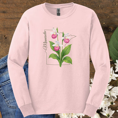 Minnesota State Flower Long Sleeve Tee - Pink Lady Slipper
