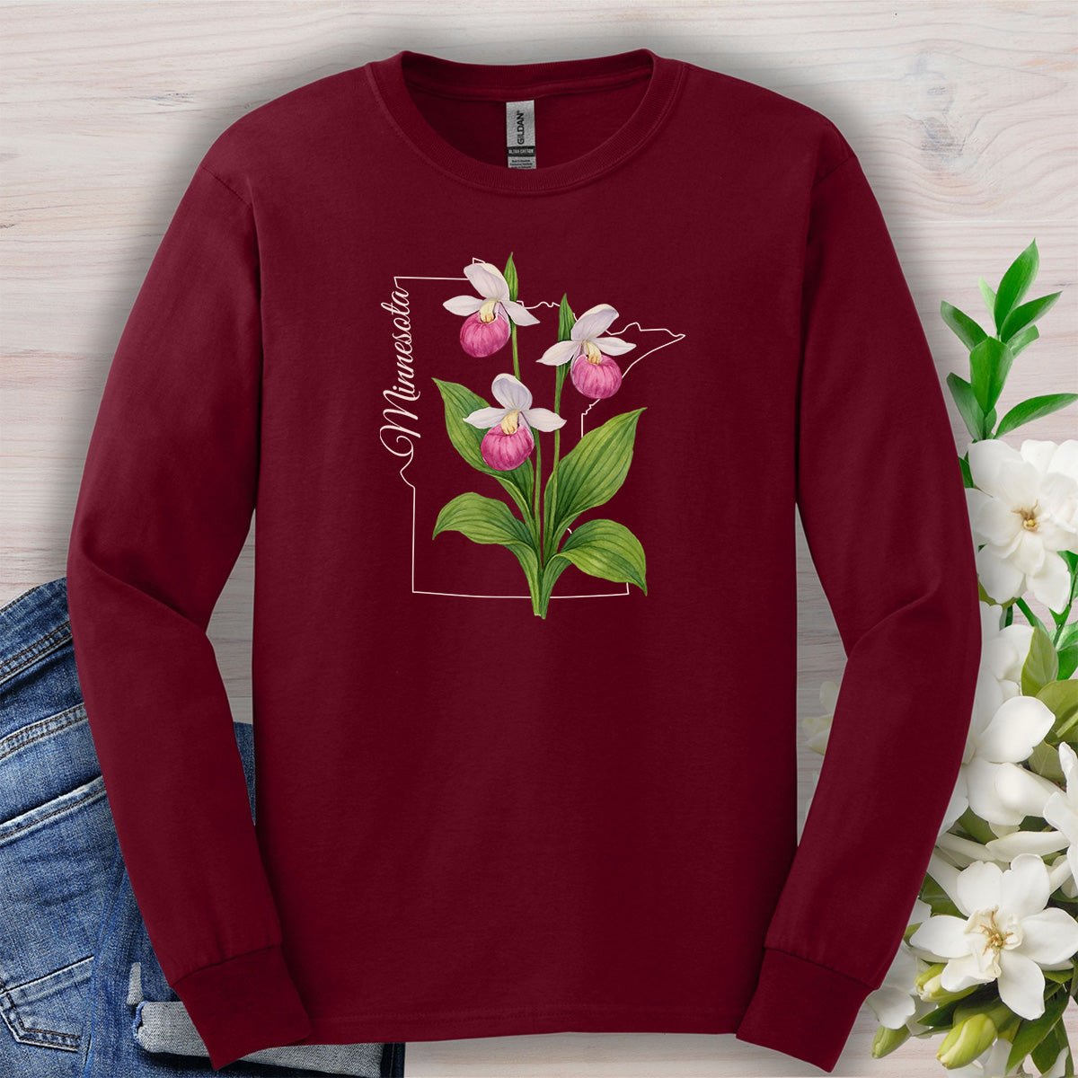 Minnesota State Flower Long Sleeve Tee - Pink Lady Slipper