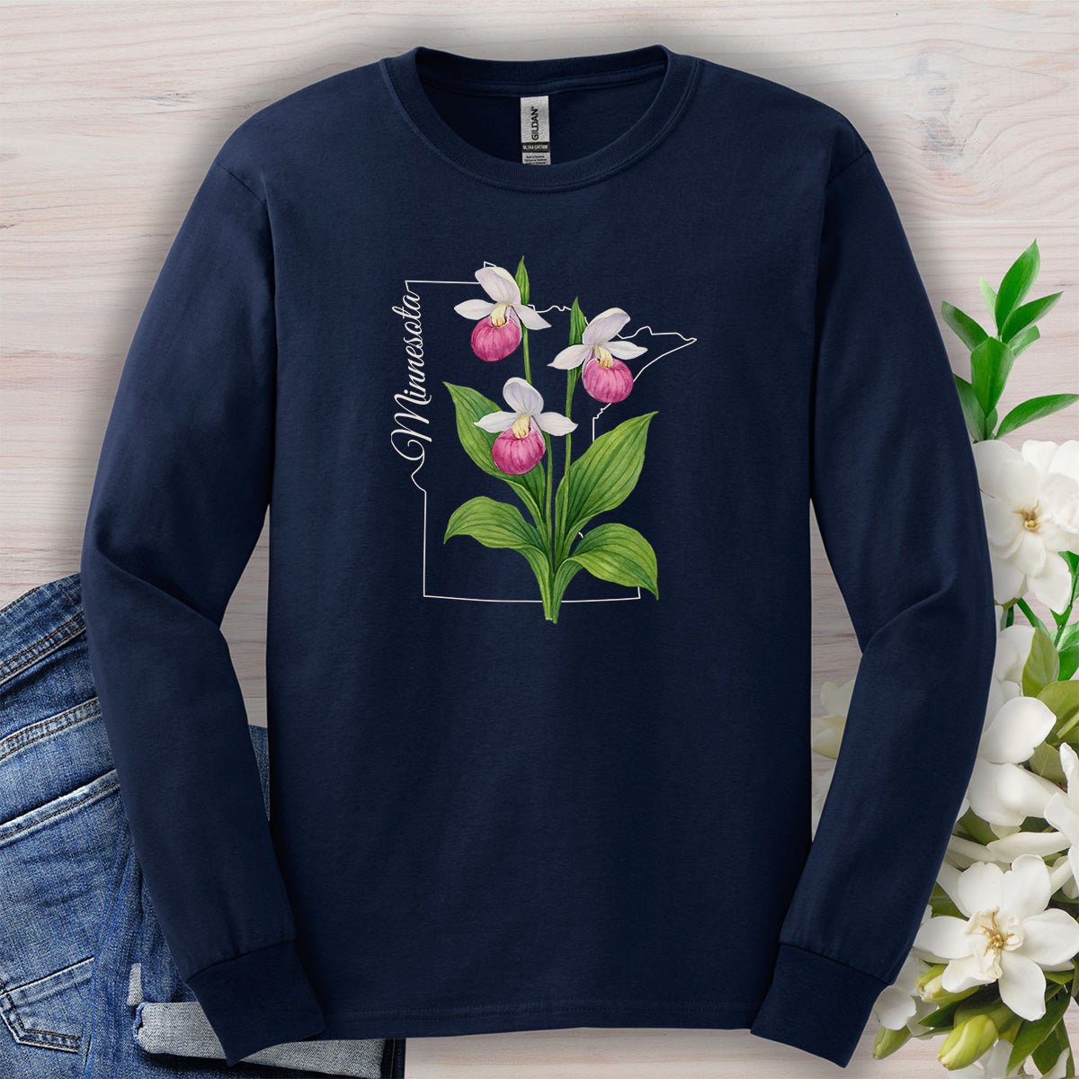 Minnesota State Flower Long Sleeve Tee - Pink Lady Slipper