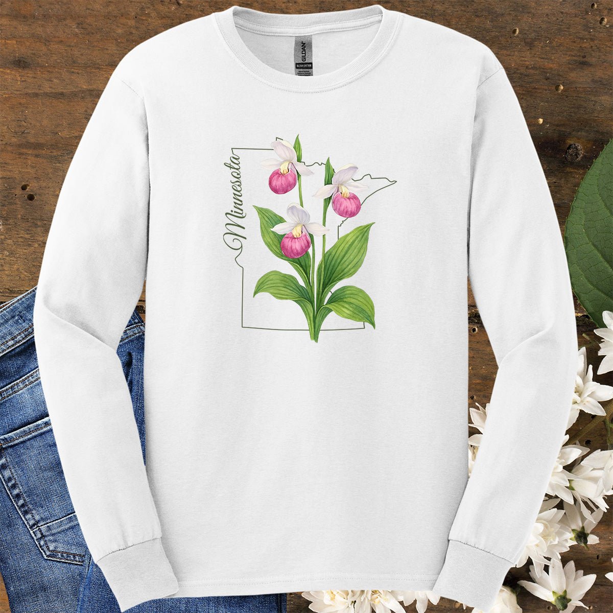 Minnesota State Flower Long Sleeve Tee - Pink Lady Slipper