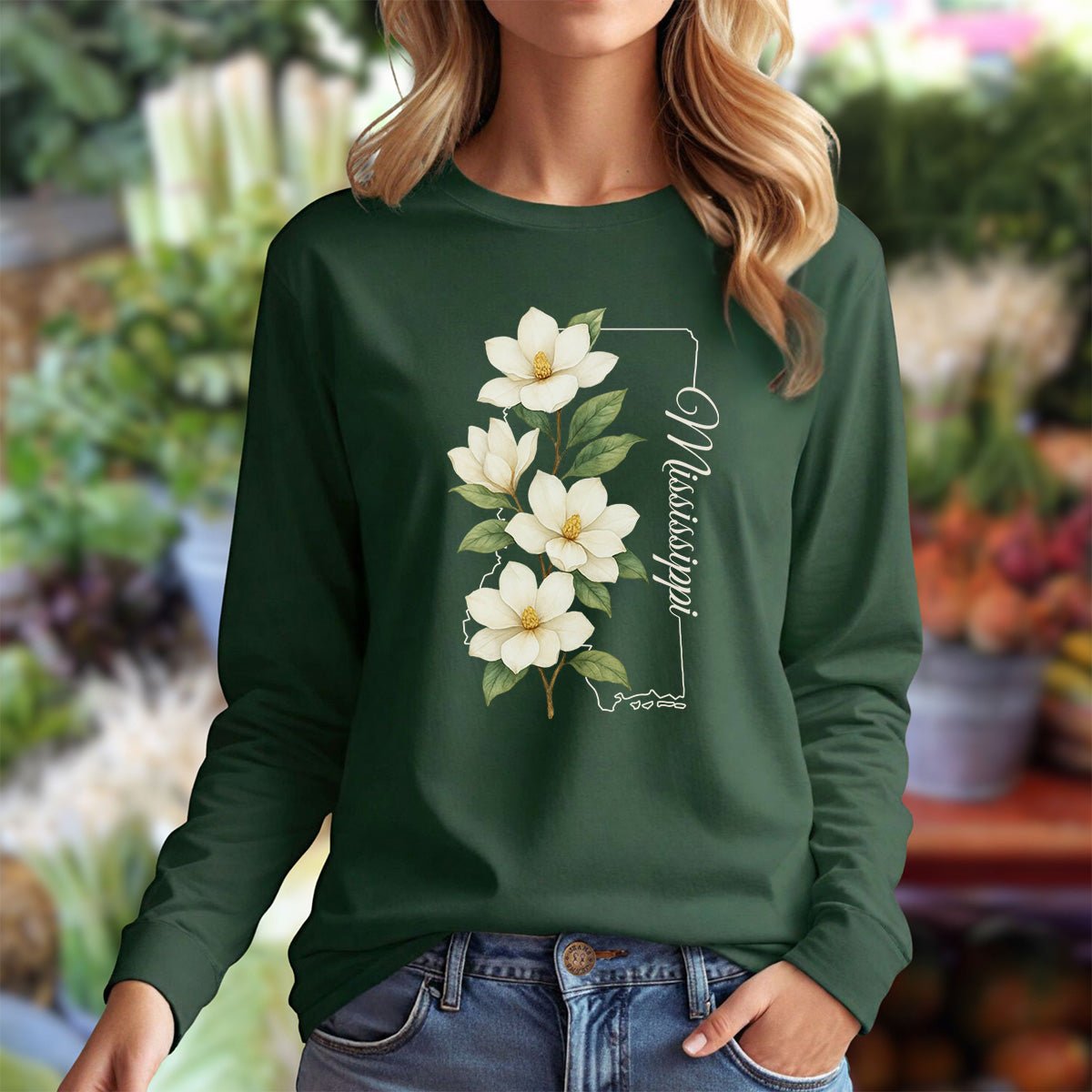 Mississippi State Flower Long Sleeve Tee - Magnolia