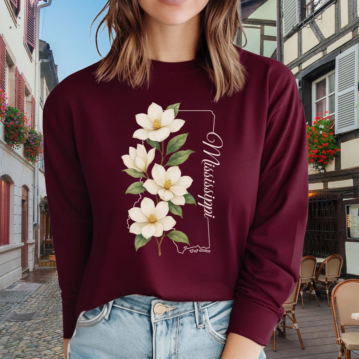 Mississippi State Flower Long Sleeve Tee - Magnolia