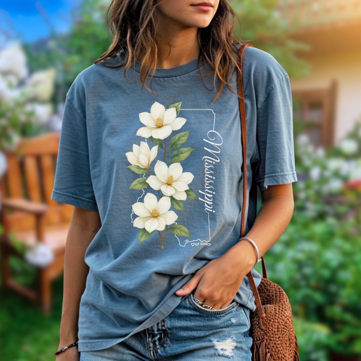 Relaxed-fit, garment-dyed blue cotton t-shirt with a magnolia illustration and "Mississippi" text.
