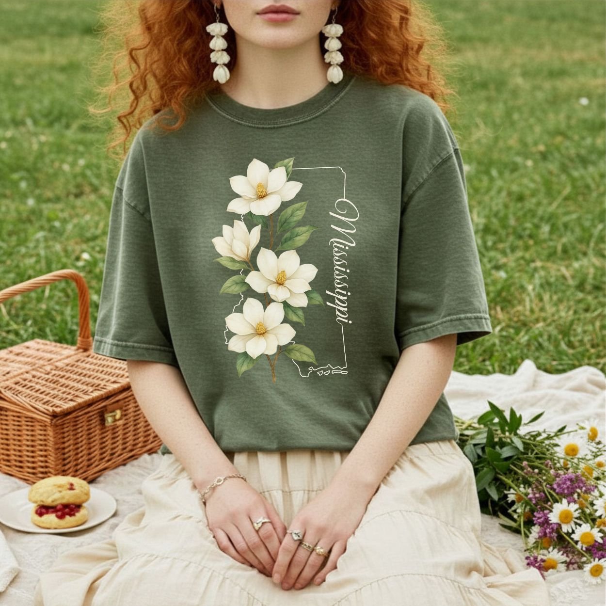 Relaxed-fit, garment-dyed olive green t-shirt with a magnolia illustration and "Mississippi" text.