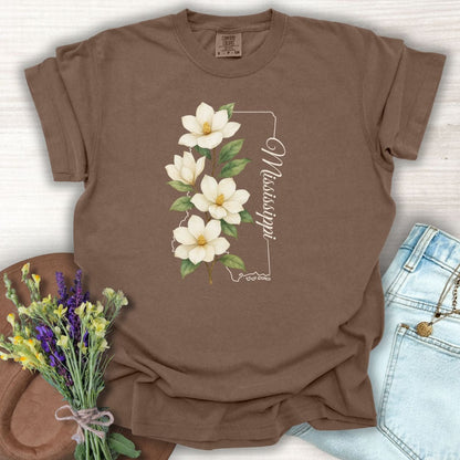 Espresso S relaxed-fit cotton t-shirt with white magnolia flowers and Mississippi state outline.