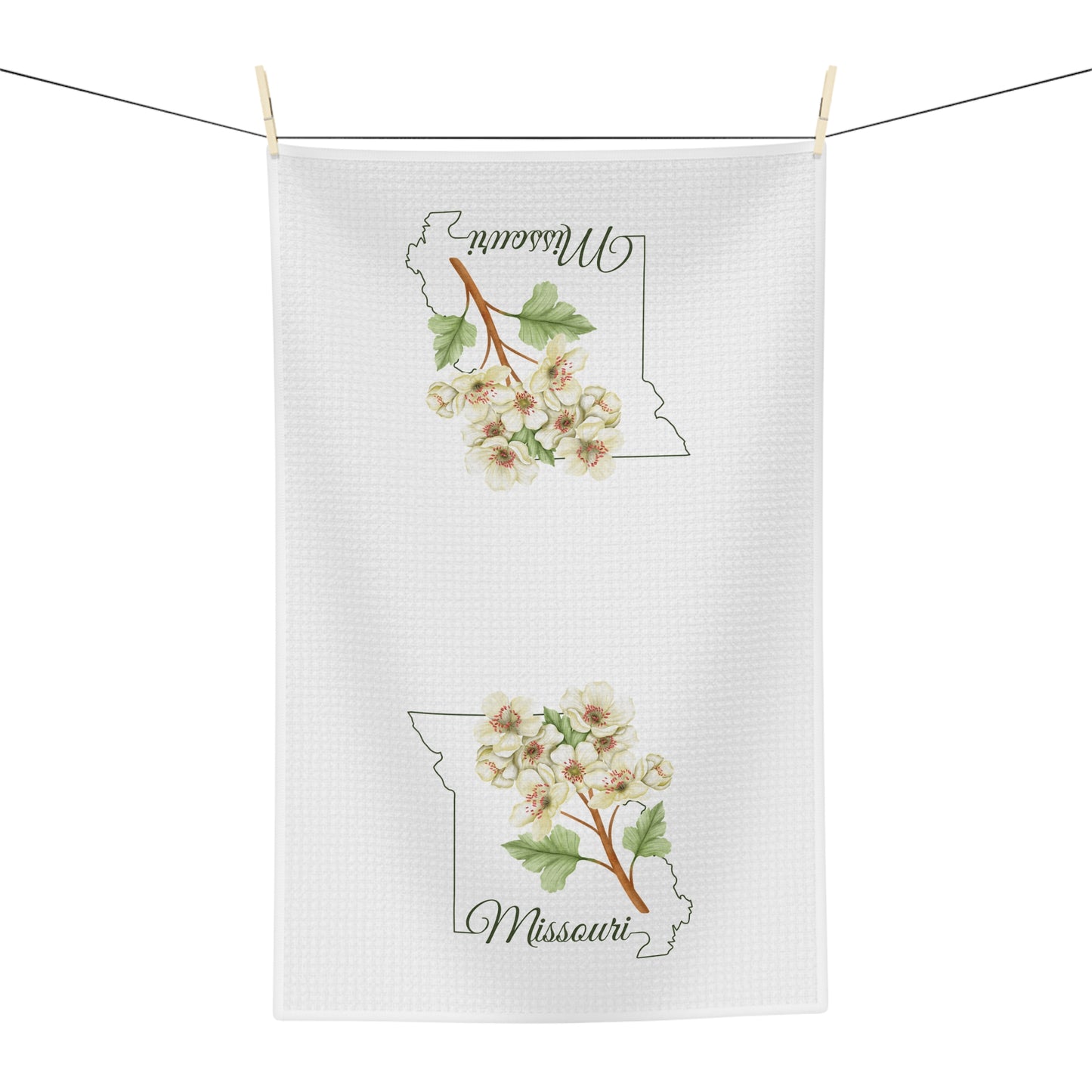 White microfiber tea towel with Missouri state outline and cream-and-pink hawthorn blooms.