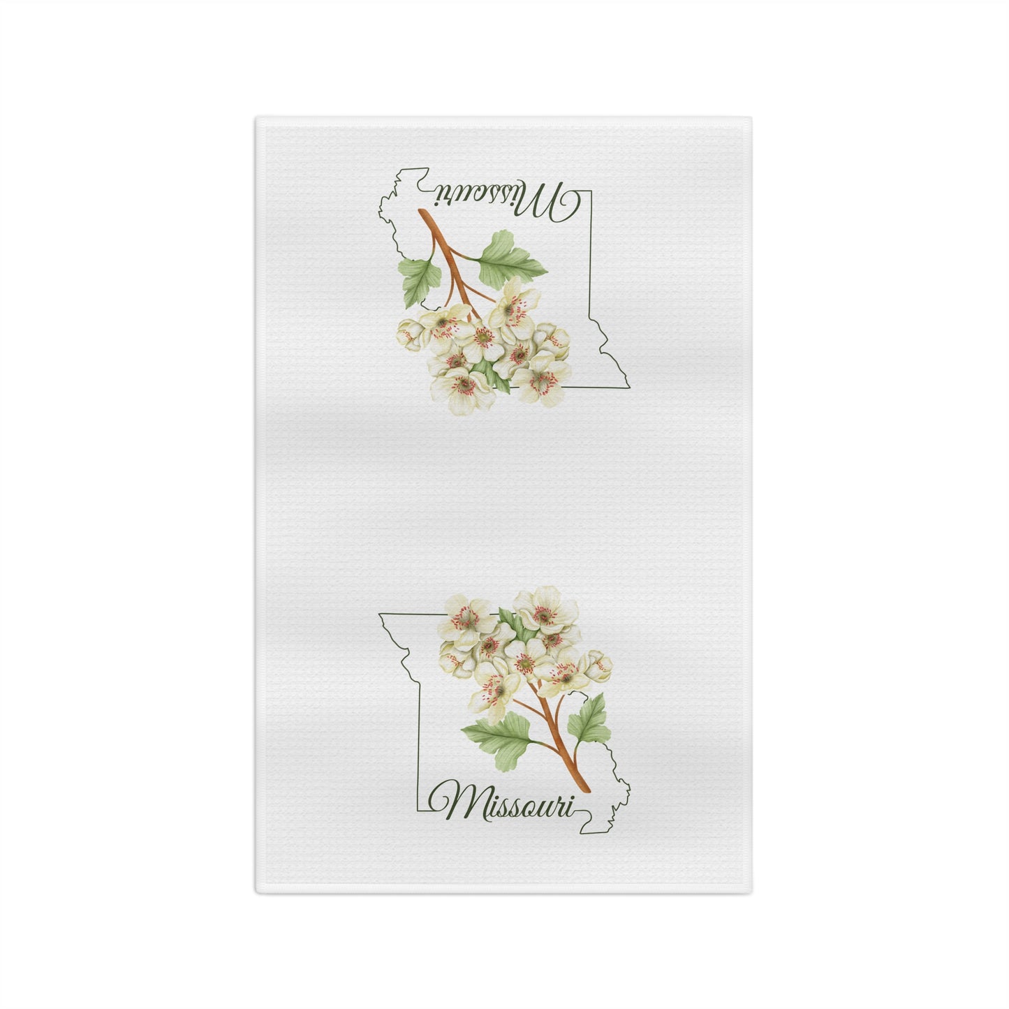 White microfiber tea towel with a Missouri outline and cream-and-pink hawthorn blooms.