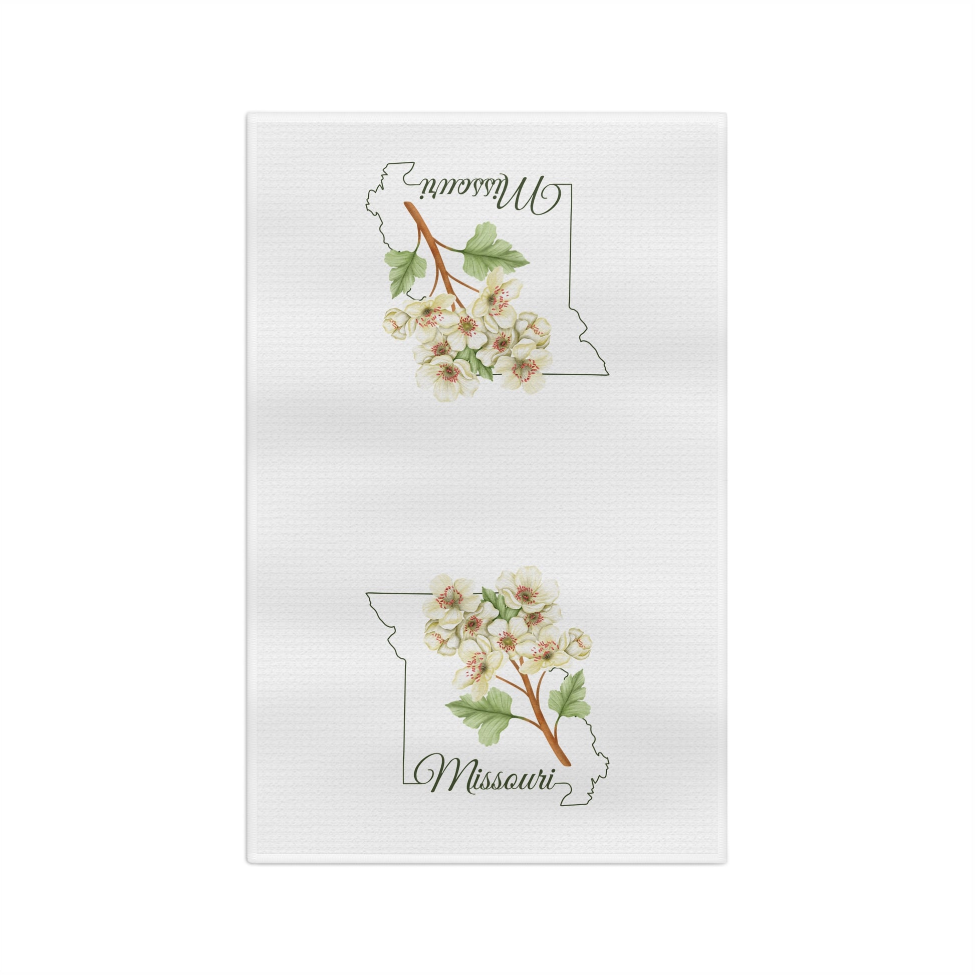 White microfiber tea towel with a Missouri outline and cream-and-pink hawthorn blooms.