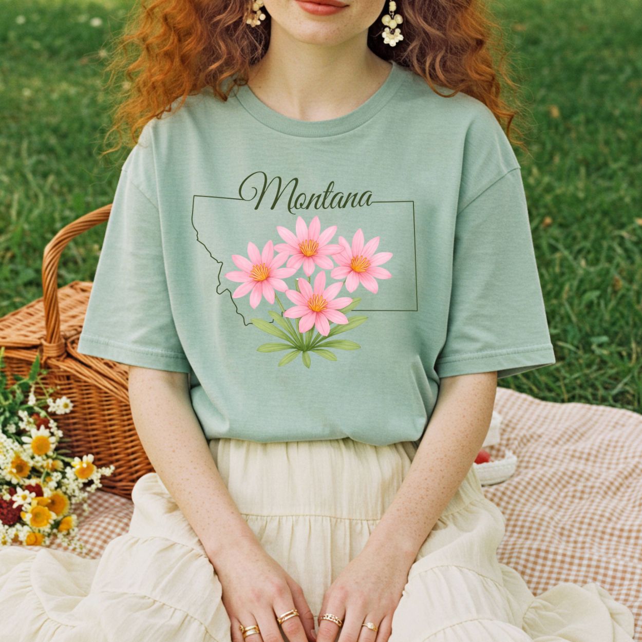 Relaxed-fit, garment-dyed sage green cotton t-shirt with a Montana outline and pink bitterroot wildflowers.