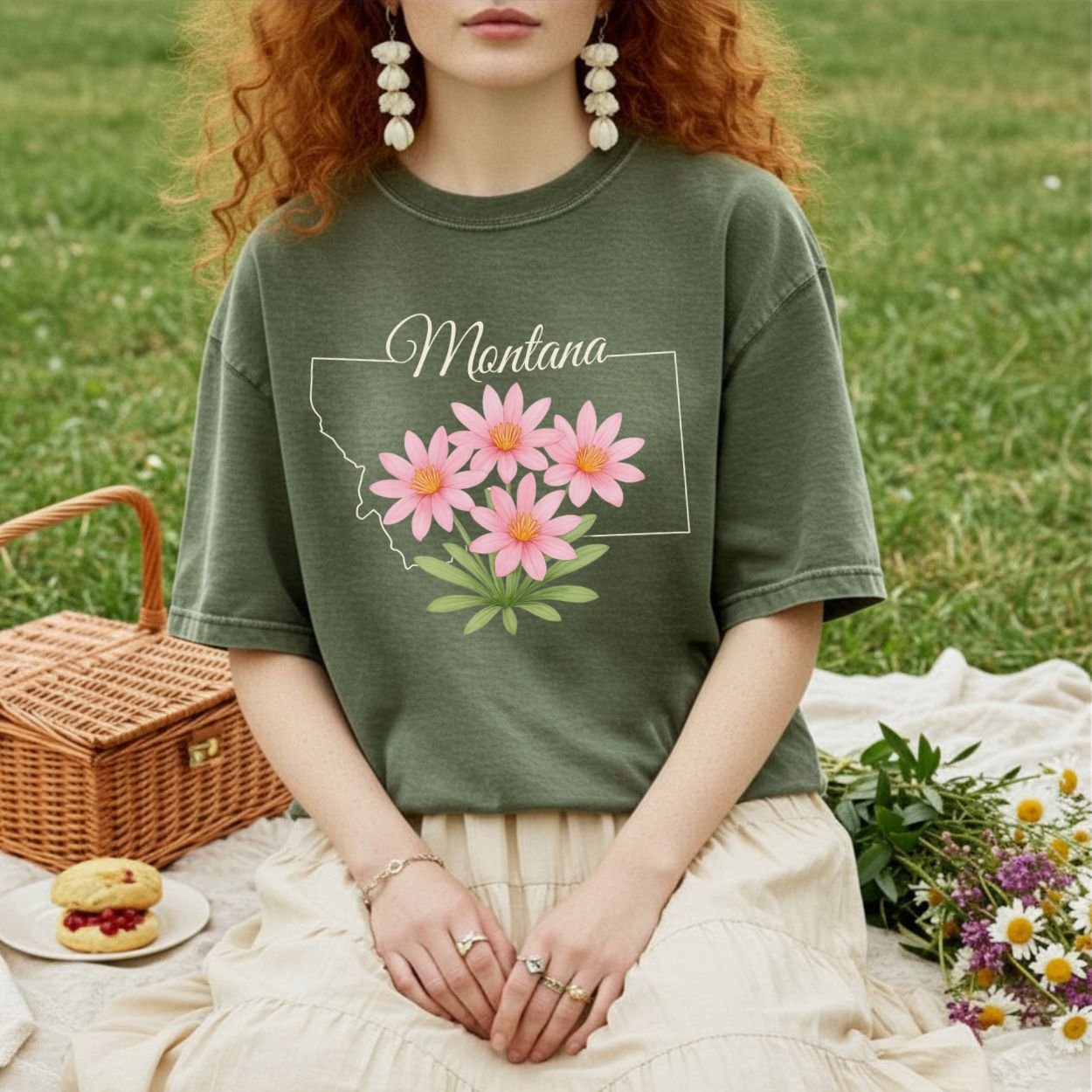 Relaxed-fit, garment-dyed olive green t-shirt with a Montana outline and pink Bitterroot wildflowers.