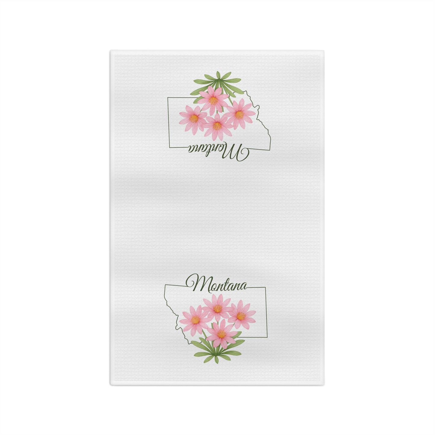 White microfiber tea towel with Montana outline and pink bitterroot flowers.
