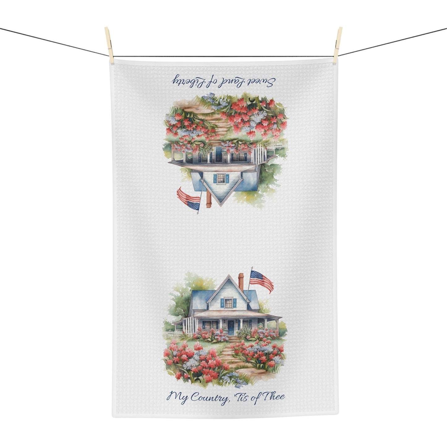 White microfiber tea towel with watercolor farmhouse, blooming garden, US flag, and patriotic text.