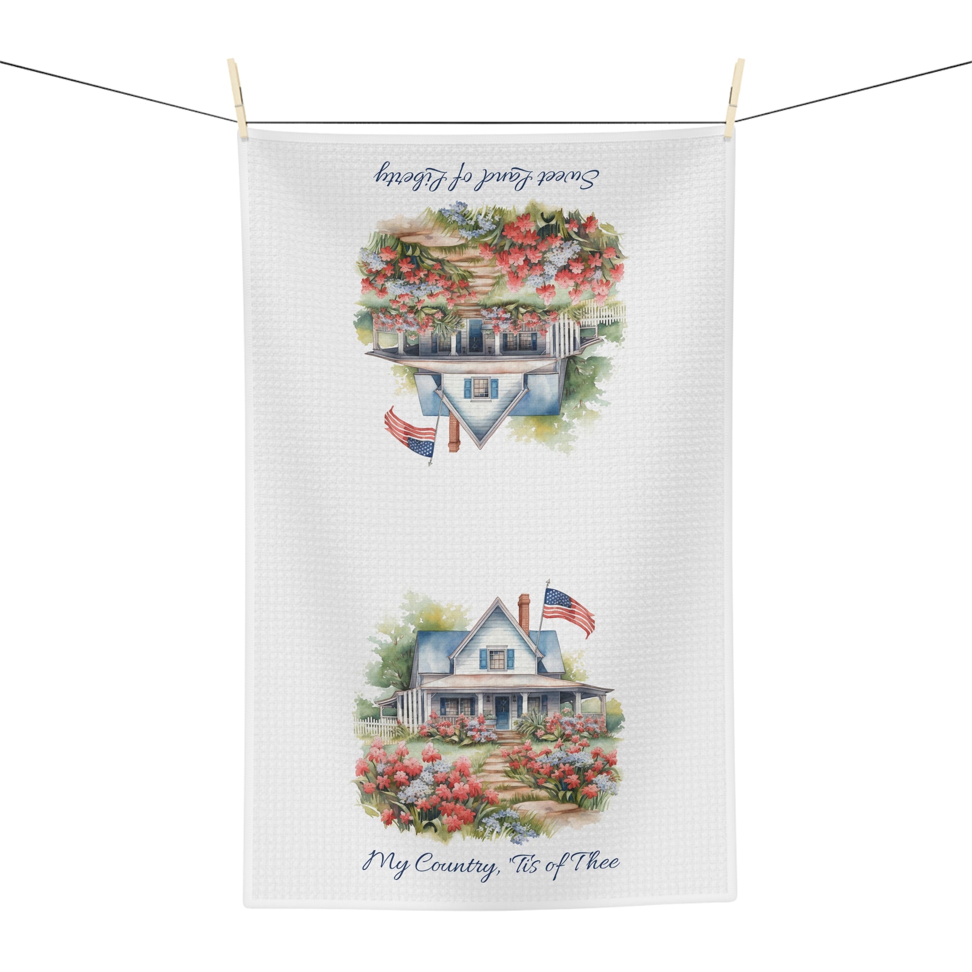White microfiber tea towel with watercolor farmhouse, blooming garden, US flag, and patriotic text.