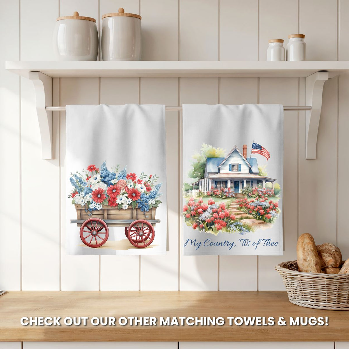 Two white microfiber tea towels, one with a patriotic floral wagon, the other with a country house and flag.