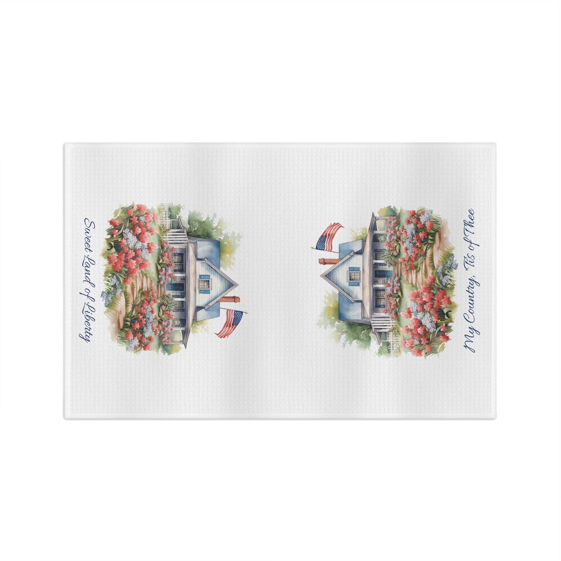 White microfiber tea towel with watercolor farmhouse, blooming garden, flag, and patriotic text.