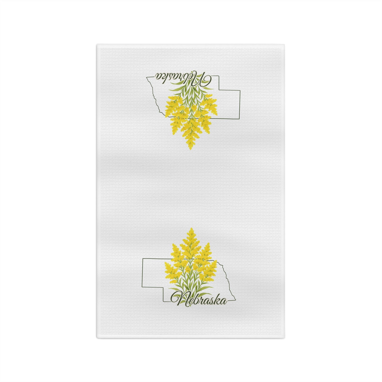 White microfiber tea towel with goldenrod inside a Nebraska state outline and "Nebraska" script.